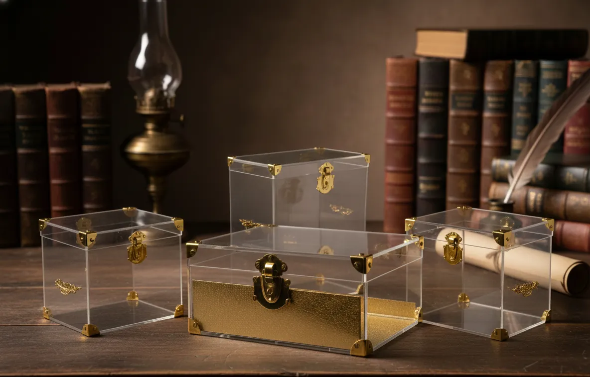Set of clear acrylic chests with brass corners