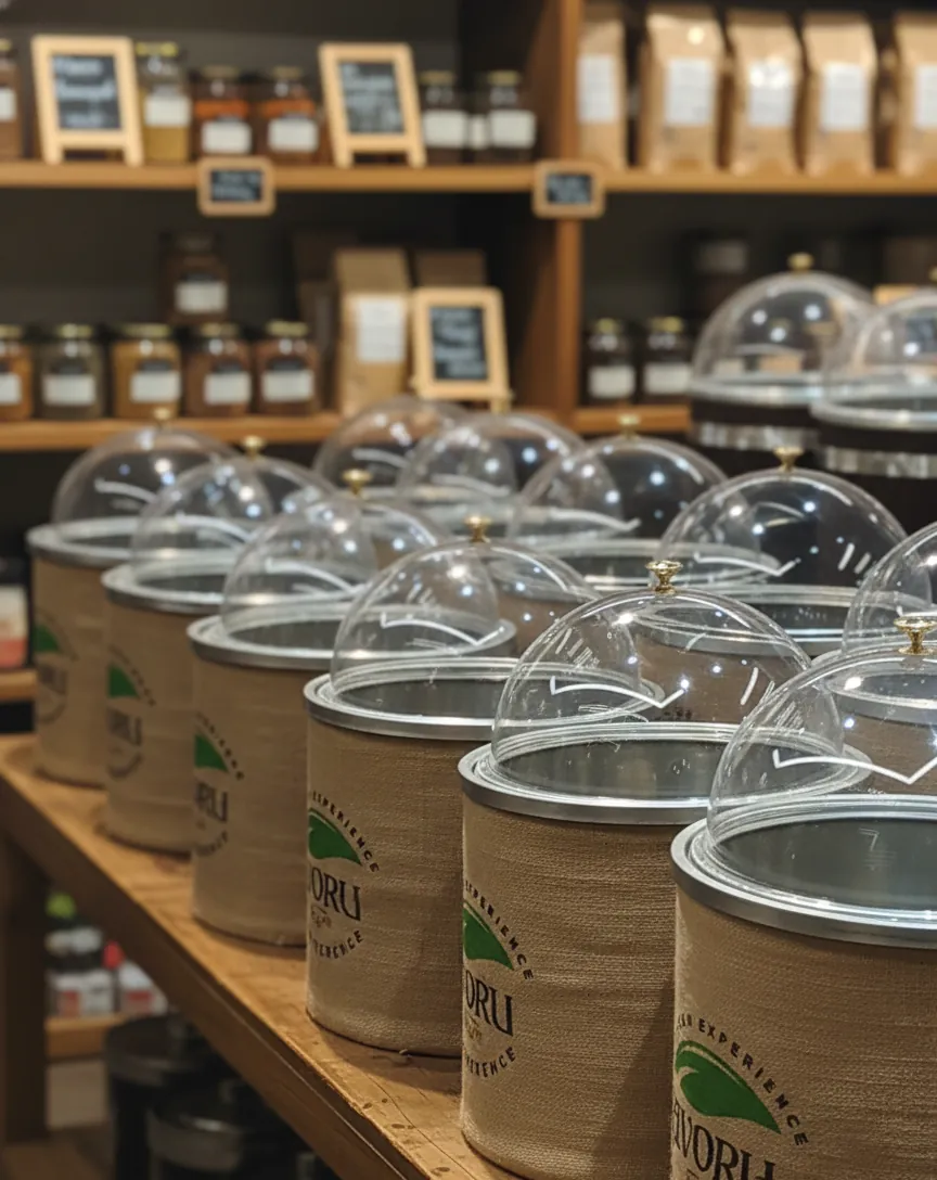 Rows of clear domes with knobs on jars along a shop shelf