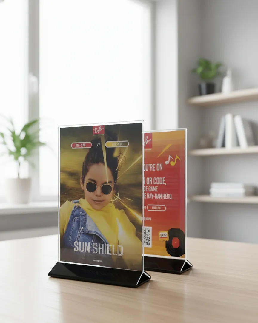 Printed acrylic menu stands on a table