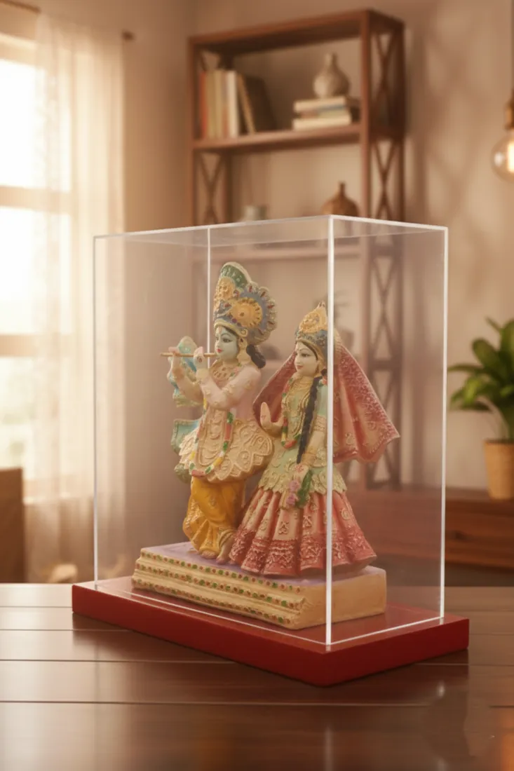 Radha Krishna idol in a clear acrylic case on a red base