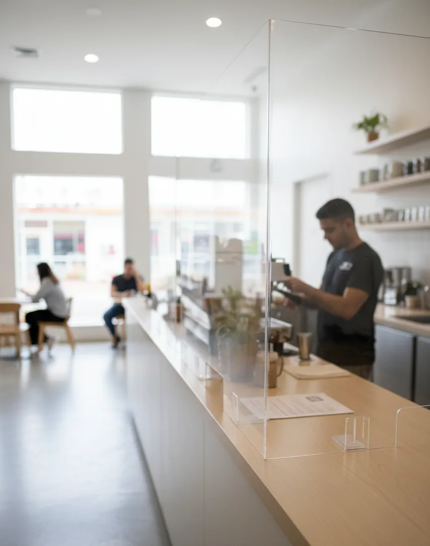 Clear acrylic sneeze guard along a café counter