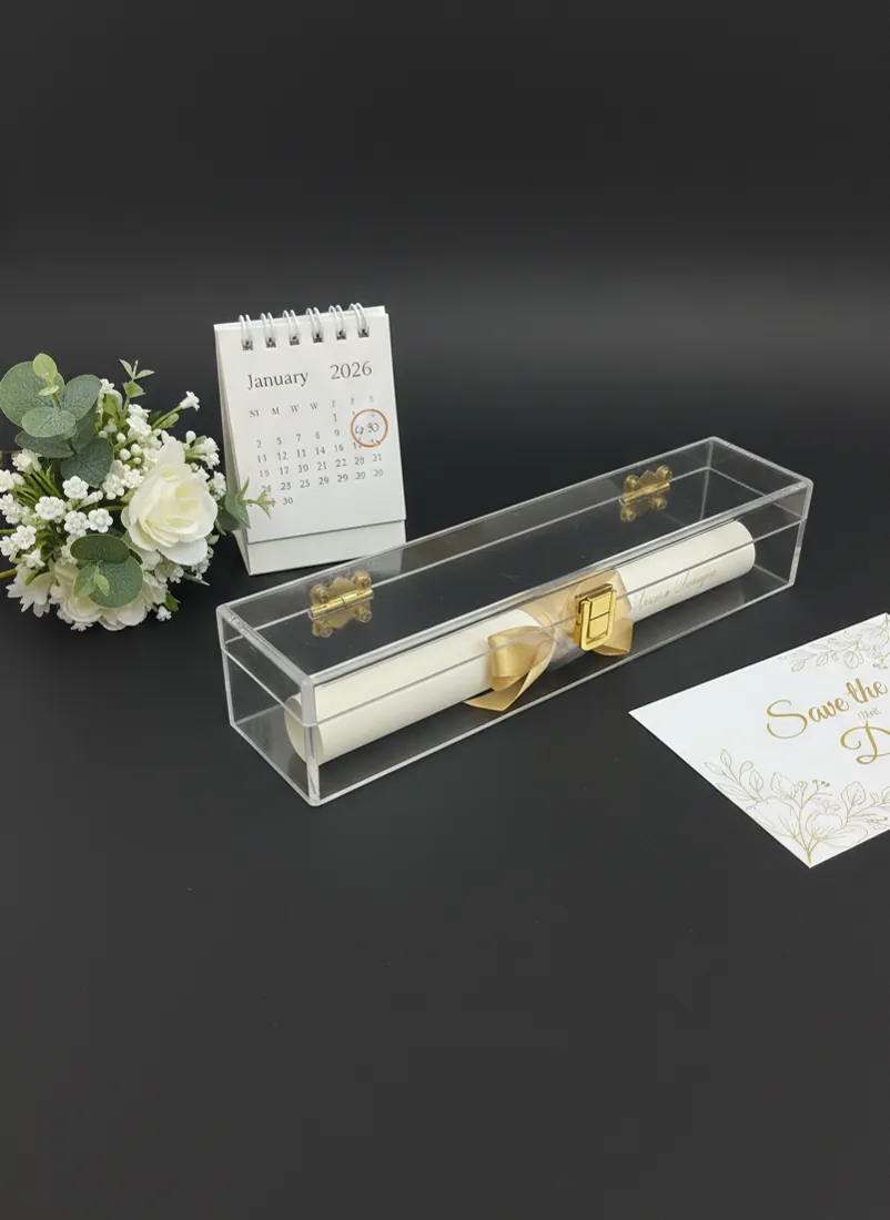 Clear acrylic scroll case holding a wedding invitation